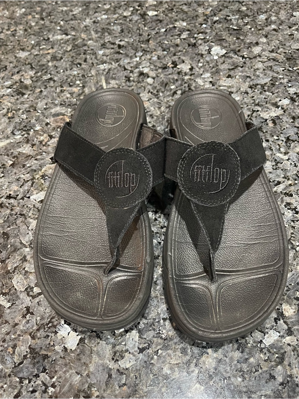 Fitflop Black Suede Thong Sandals with Logo Medallion 7